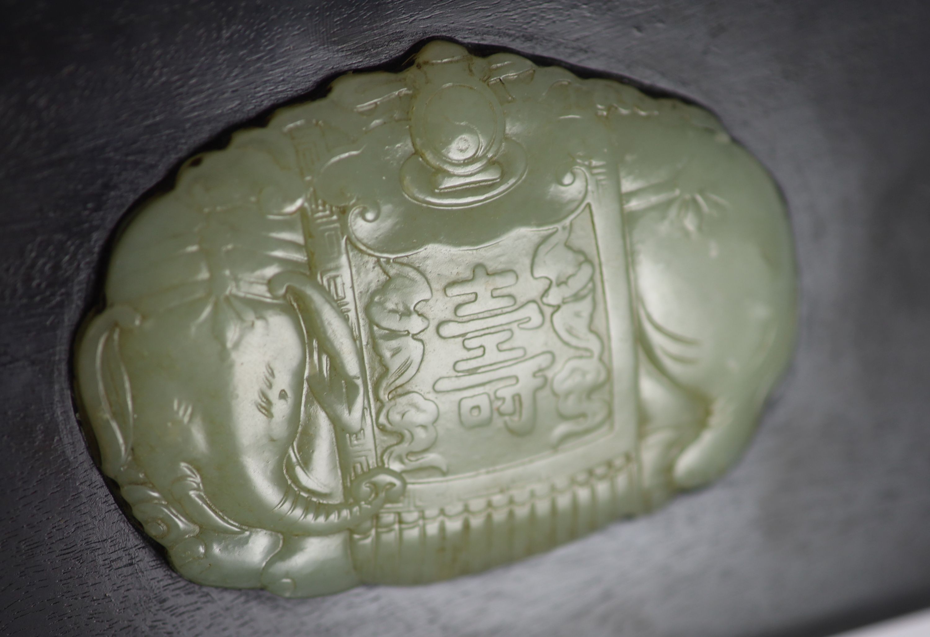 A Chinese pale celadon jade mounted wood box, 18cm x 12 cm
